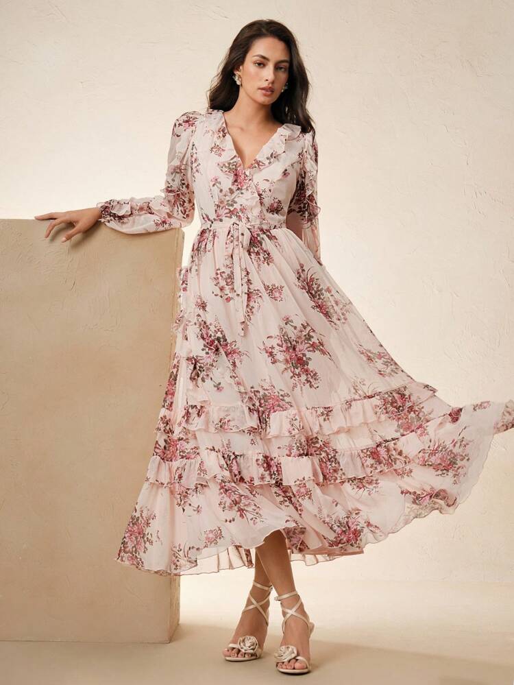 Romantic Vacation Style V-Neck Chiffon Printed Long Sleeve Dress With Belt For Women,Spring, Holiday, Casual, Festival, Vacation