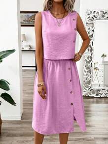 EMERY ROSE 2 stuks/set dames effen knoopontwerp mouwloze blouse en minirokset