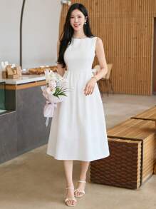 DAZY 纯色圆领无袖中长连衣裙，女士长款连衣裙 - 白色 - 查看 4