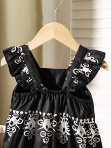 Baby / Toddler Girl Ruffled Strap Black & White Dress, Suitable For Spring, Summer Vacations And Outdoor Play - Black - View 8