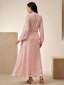 Anewsta 女士优雅法式蕾丝长袖收腰复古连衣裙，配有可拆卸腰带，春季新品 - 粉色 - 查看 2