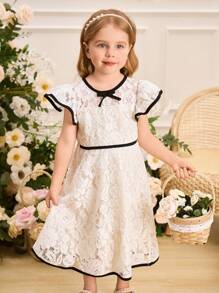 SHEIN Glamorique Kids Váy ren viền tương phản thanh lịch cho bé gái - trắng - Xem 4