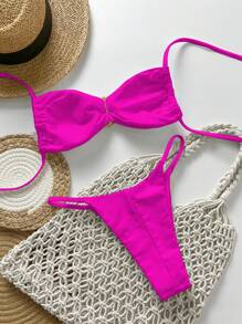 Swim Mod 春假女士纯色露肩吊带系带金属点缀性感比基尼套装 - 玫紅色 - 查看 2