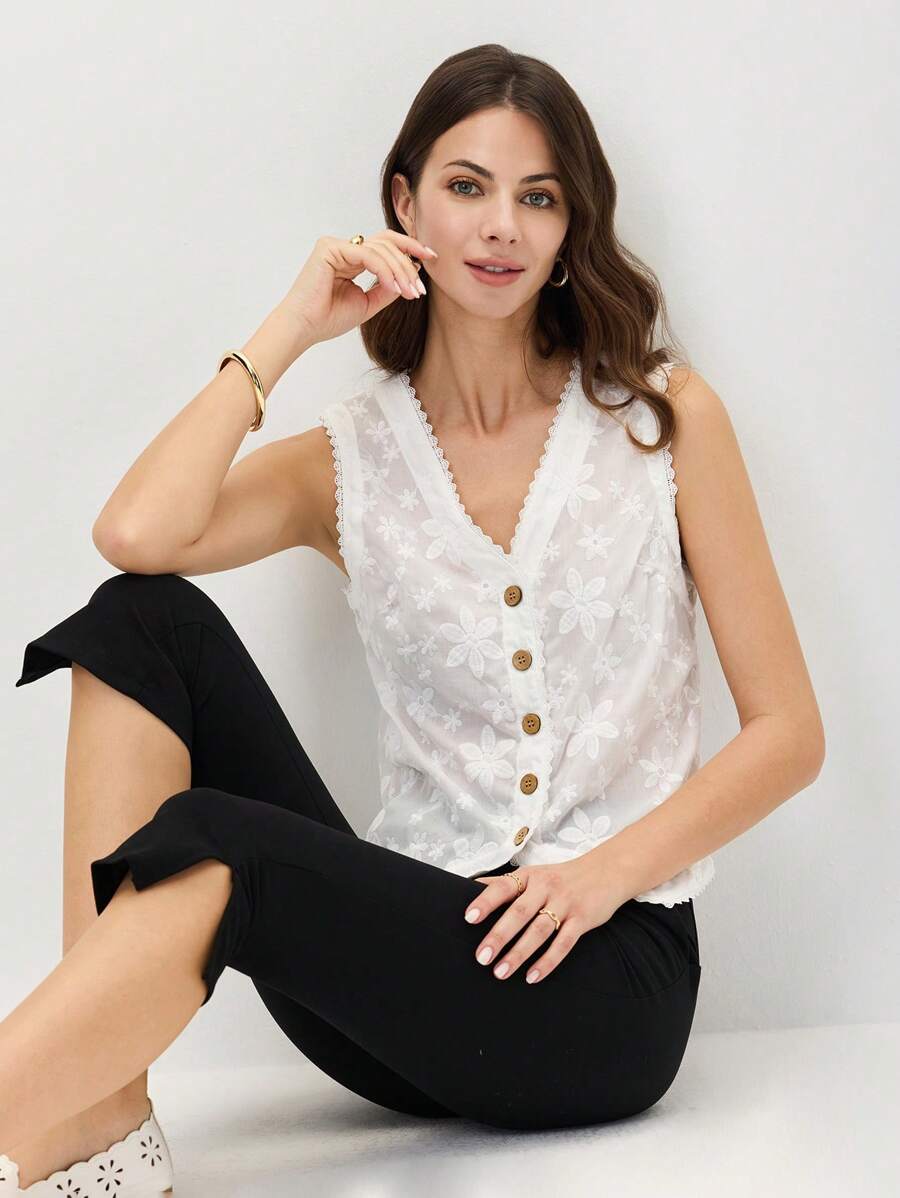 SHEIN LUNE Women's Casual Sleeveless Embroidered Woven Fabric Front-Open Tank Top, Spring/Summer - White - View 1