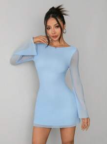 SHEIN PETITE Váy lưới tay kèn hở lưng gợi cảm mới cho nữ vào đầu thu - Màu xanh nhạt - Xem 3