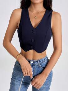 SHEIN PETITE Women's Navy Blue Sleeveless Knitted V-Neck Casual Crop Blazer Vest With Button Front And Asymmetrical Hem In Fall/Winter - Navy Blue - View 4