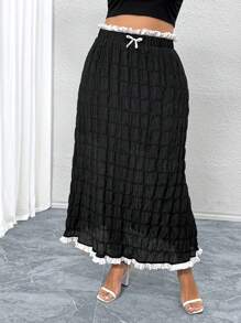 SHEIN Frenchy Plus Size Casual And Elegant Texture Chiffon Color Block Bow Long Skirt - Black - View 5