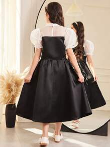 SHEIN Tween Girls Gorgeous Puff Sleeve 2 Pieces Princess Dress Set, Suitable For Graduation Ceremony, Birthday Party - Black - View 2