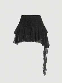 SHEIN MOD Ruffled Asymmetric Lace Black Low Waist Skirt - Black - View 1