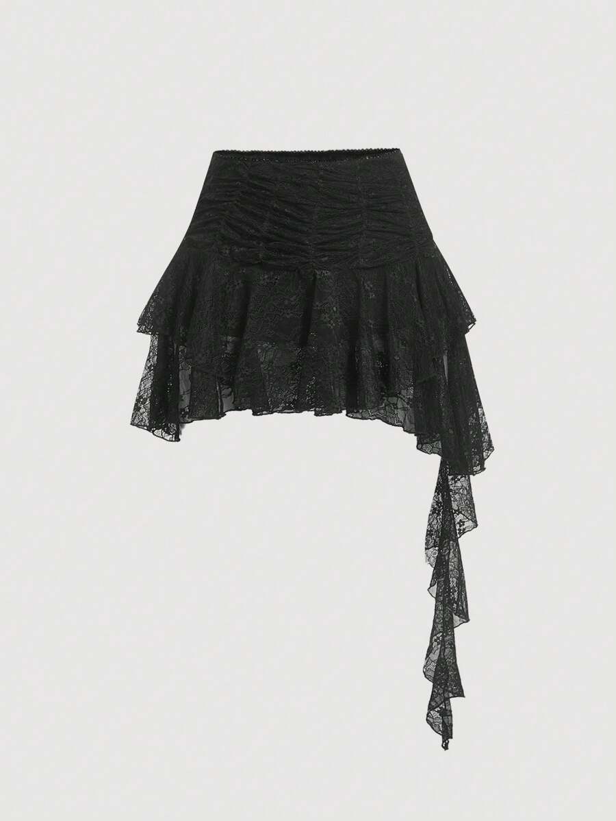 SHEIN MOD Ruffled Asymmetric Lace Black Low Waist Skirt - Black - View 1