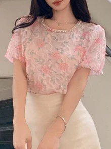 DAZY Floral Pattern Elegant Round Neck Puff Sleeve Women's Blouse - Pink - View 1