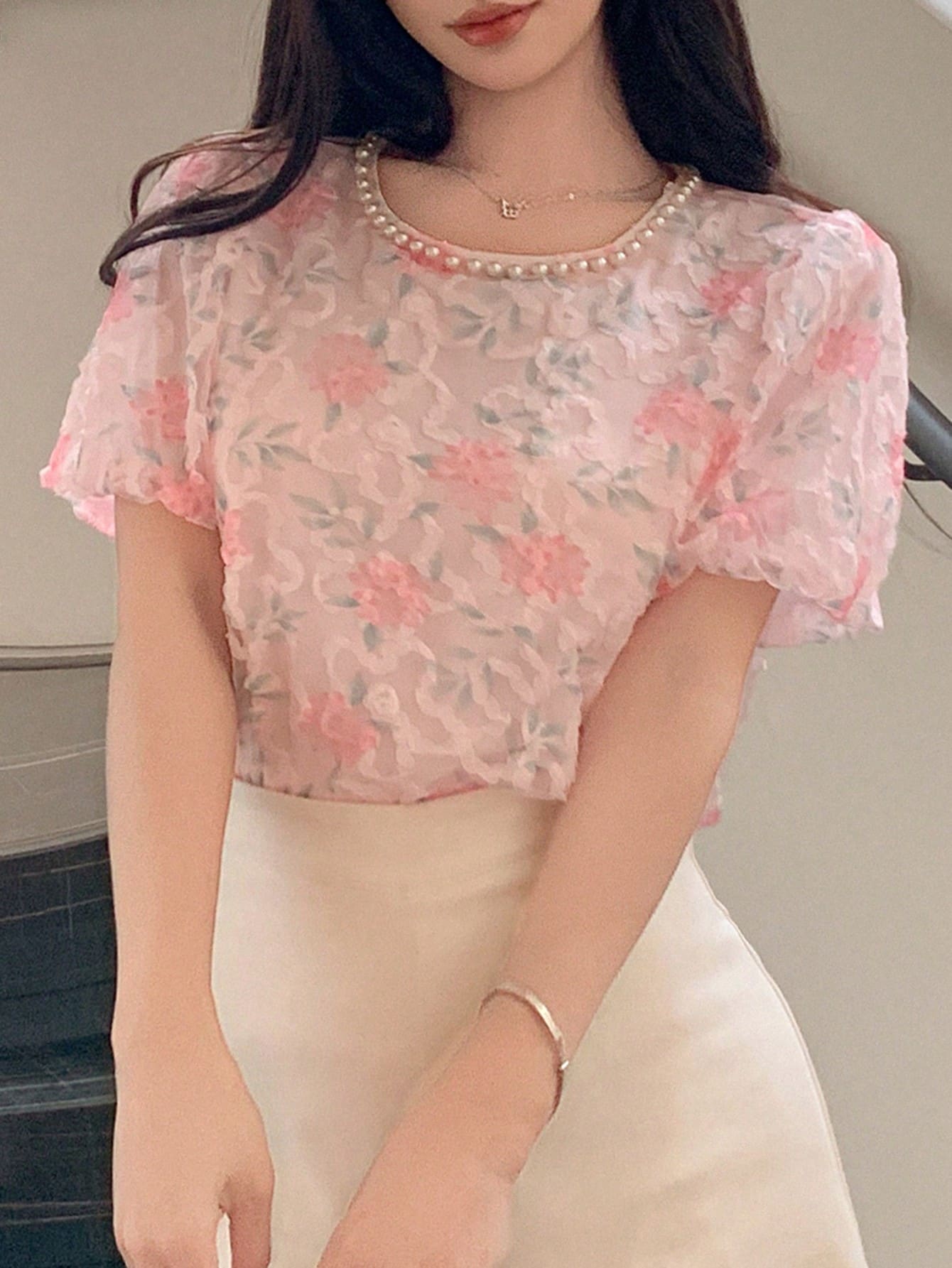 DAZY Floral Pattern Elegant Round Neck Puff Sleeve Women's Blouse - Pink - View 1