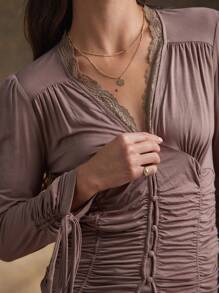 WESTFADE Knit Jersey & Lace V Neck Button Front Ruched Long Sleeve Western Cowgirl Top For Spring Break Nashville - Brown - View 2