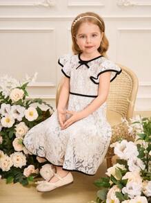 SHEIN Glamorique Kids Váy ren viền tương phản thanh lịch cho bé gái - trắng - Xem 5