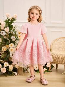 SHEIN Glamorique Kids Young Girl Pink Bowknot Back Elegant Short Sleeve Dress - Pink - View 2
