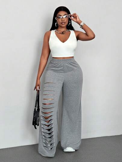 Maweii 플러스 사이즈 플로럴 그레이 찢어진 와이드 레그 루즈핏 바지