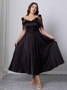 SHEIN Clasi Plus Size Elegant Party 3D Floral Decor Mesh Patchwork Dress - Black - View 1