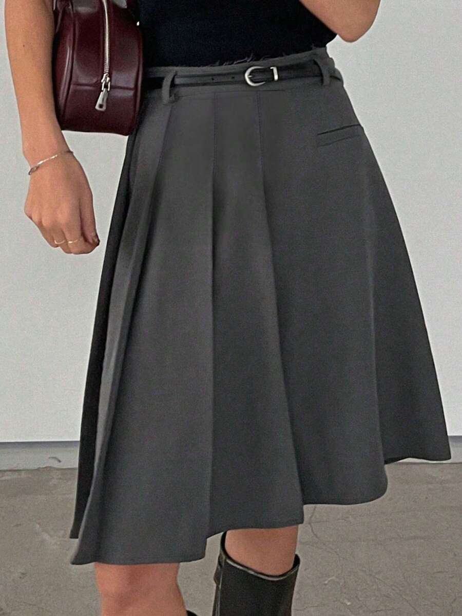 DAZY Váy suông dài vừa phải xếp ly màu trơn không đối xứng trang trí tiền cũ thường ngày, quần áo mùa xuân/hè, mùa thu mùa đông cho nữ - Xám - Xem 1