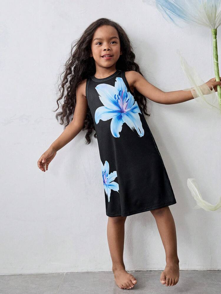 Young Girl Fitted Floral Print Casual Dress