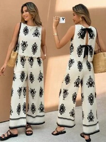 SHEIN Frenchy Women's Casual Printed Sleeveless Crew Neck Top And Pants, Simple And Fashionable For Summer, Summer Outfits For Women Vacation Outfits Women Beach Outfits For Woman 2 Pieces Sets Woman Boho Women's Clothing,Summer Sets Flower - Apricot - View 3