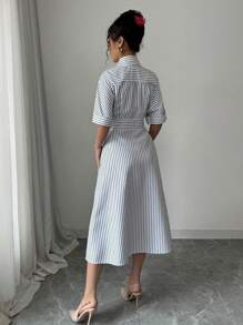 SHEIN PETITE Black & White Striped Lapel Waist Flared Midi Dress - Black and White - View 2