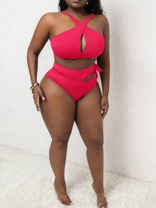 Slaydiva Plus Size Women Cross Strap Halter Hollow Out Tie Wide Ribbed Fabric Bikini Set - Hot Pink - View 6