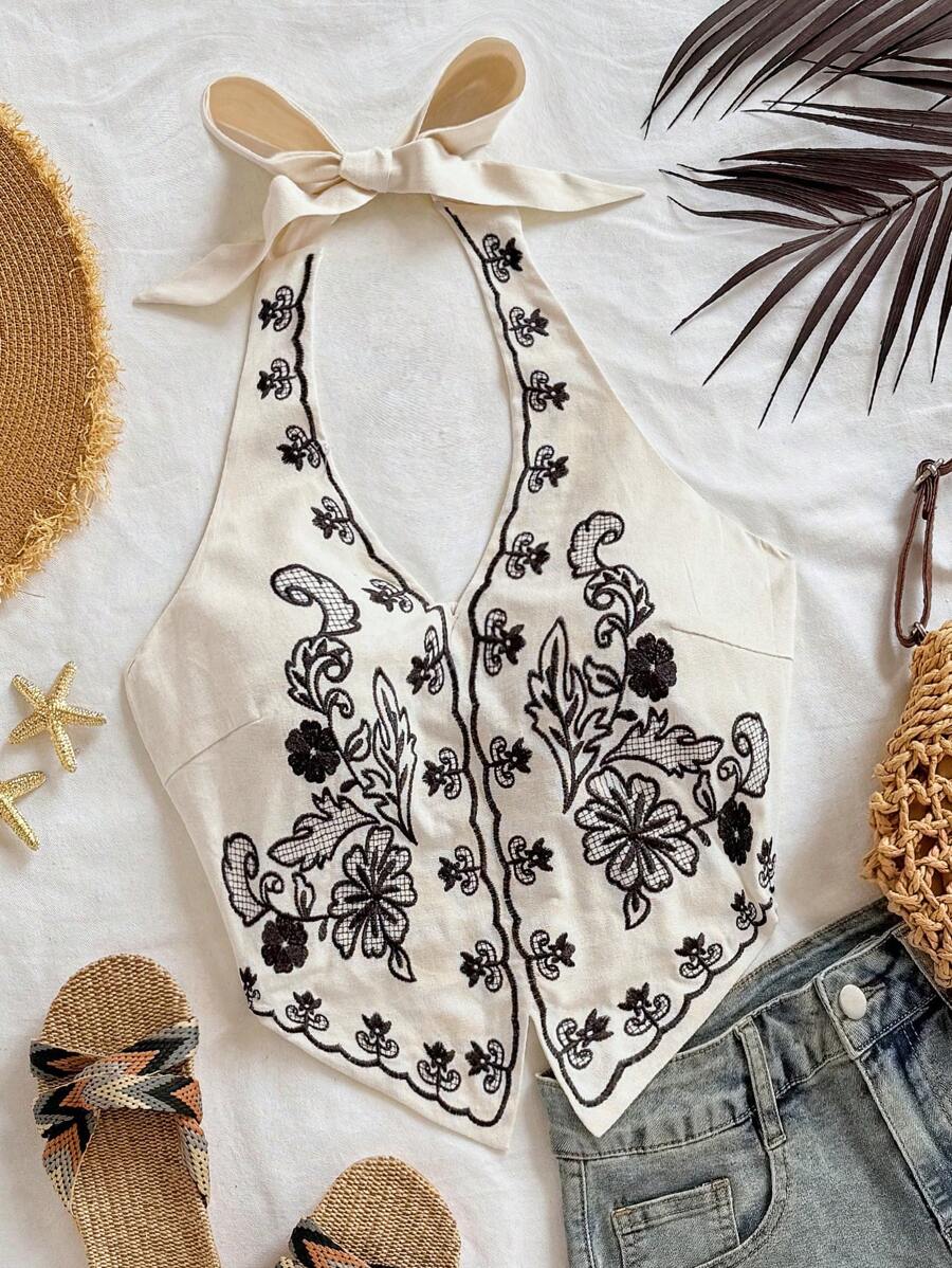 Soleia Apricot Base Black Flower Embroidery Halter Neck Bow Backless Cropped Tank Top, Suitable For Music Festivals - Multicolor - View 1