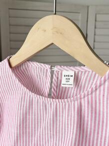 SHEIN LMoss Kids Tween Girl Casual Fashionable Striped Ruffle Bowknot 3/4 Sleeve Lantern Sleeve Fitted Blouse,Back To School, Summer Tops,Tween Girl Clothes,Babydoll Top,Cute Tops - Baby Pink - View 5