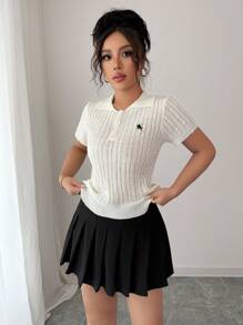 Elenzga Short Sleeve Embroidered Cable Knit Ladies Sweater - White - View 6