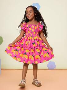 Vestido casual de gasa con cuello con volantes y estampado floral menudo para niña - Rosa Fucsia - Ver 4