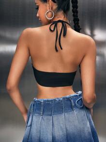 SHEIN ICON Women Plain Asymmetric Hem Halter Neck Sexy Camisole - Black - View 2