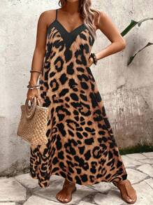 SHEIN Holidaya Plus Size Women Leopard Print Loose Plus Size Dress, Summer - Brown - View 7