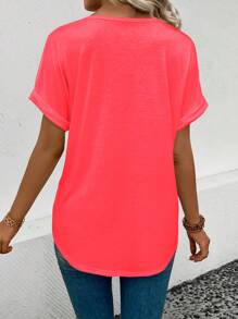 SHEIN Women's Casual V-Neck Turnup Cuff Short Sleeve Heart & Leopard Print All-Match Versatile T-Shirt - Red - View 2