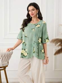 Lacomfia 2 件套女士春夏亚麻休闲短袖上衣和松紧腰带长裤套装