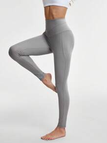 SHEIN Sports 女士纯色高腰无缝紧身裤 - 炭灰 - 查看 5