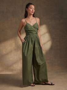 WESTFADE Surplice V Neck Smocked Back Bow Tie Waist Sleeveless Poplin Wide Leg Utility Jumpsuit Fall, Autumn, Winter, Boho, Casual, Cute, Western Wear For Women, Country Outfit - Army Green - View 5