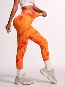 SHEIN Core Rhythm 无缝高弹力扎染印花紧身瑜伽裤女款 - 彩色 - 查看 4