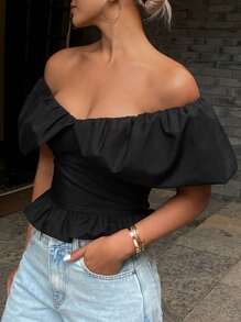 Strévra Top corto elegante de hombros descubiertos de unicolor, camisa de verano, top con volantes para salir - Negro - Ver 3