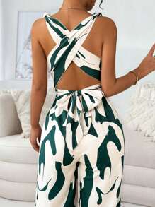 SHEIN Clasi Bộ đồ liền thân hở lưng in họa tiết ngẫu nhiên thời trang dành cho nữ - màu xanh lá - Xem 2