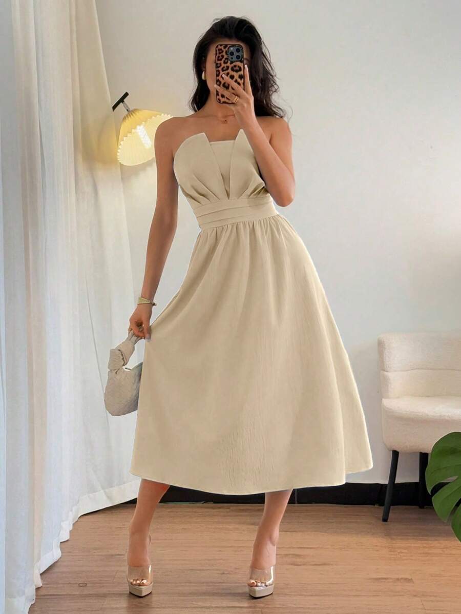 Chiquease 女士优雅性感抹胸 A 字形连衣裙，蓝色，春夏 - 杏色 - 查看 1