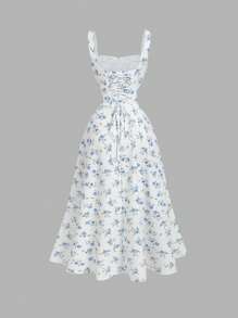 SHEIN MOD 方领蕾丝前片褶皱后系带花裙、派对裙、早午餐裙、度假裙、宴会裙、情人节裙、新年裙、海滩度假装 - 藍白色 - 查看 2