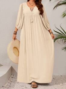 EMERY ROSE Plus Size Solid Color Long Sleeve Dress, Fashion For Summer - Apricot - View 1