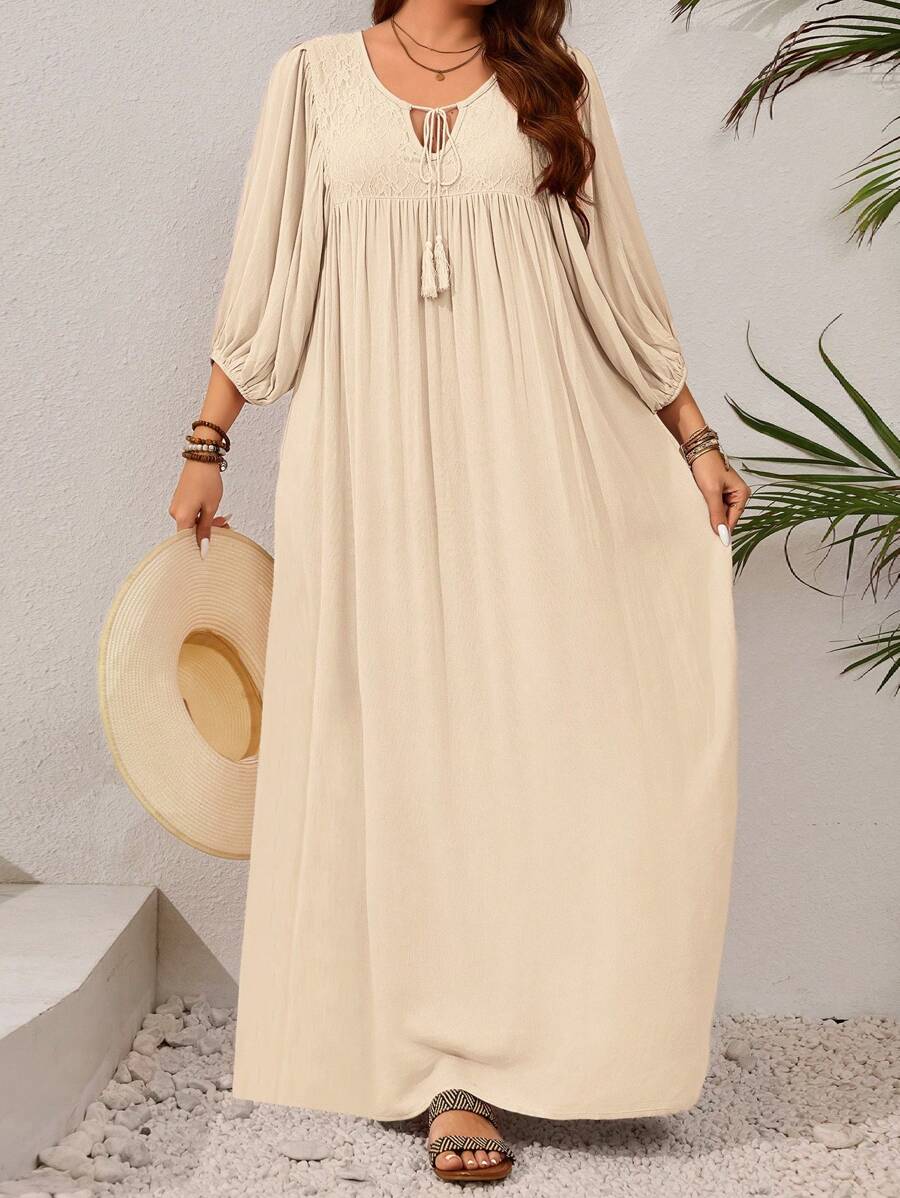 EMERY ROSE Plus Size Solid Color Long Sleeve Dress, Fashion For Summer - Apricot - View 1