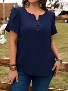 EMERY ROSE Plus Size Summer Solid Color Petal Sleeve Button Down Shirt - Navy Blue - View 5