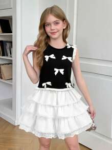 SHEIN Top sin mangas con volante y lazo decorativo de punto acanalado para niñas preadolescentes, de vuelta al colegio - Negro - Ver 3