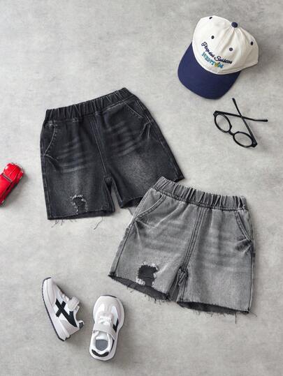 SHEIN 2 件套年轻男孩休闲破洞宽松黑灰色牛仔短裤套装，适合男孩夏季服装日常街头装