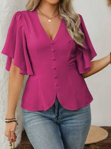 EMERY ROSE 大码女式法式优雅办公和休闲度假 V 领纽扣装饰收腰喇叭下摆短袖衬衫，春夏 - 玫紅色 - 查看 5