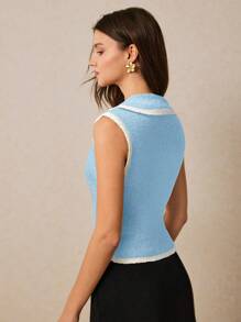 Poéselle Women Casual/Office Commute Color Block Trim Sleeveless Knit Top Casual Lapel Knit Top Asymmetrical Hem Vest Women Knit Tops Summer Women Summer Tops Summer Women Tops Button Up Summer Women Summer Boho Tops Knit Wear Beach Women Women Women Vest Summer Women Tops Boho Top Festival Old Money - Blue - View 3