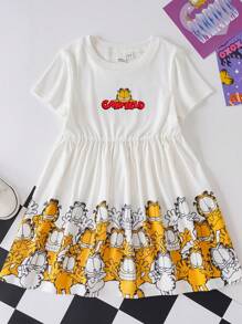 GARFIELD | SHEIN 年轻女孩卡通猫咪印花休闲可爱短袖连衣裙 - 白色 - 查看 3