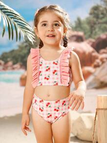 Young Girl Cherry Print Swimwear Set With Ruffles - Multicolor - View 11